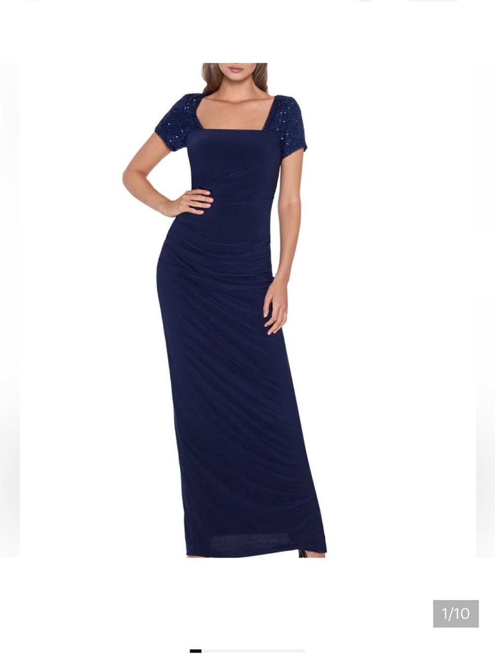Betsy & Adam Navy Square-Neck Gown with Sequin Cap Sleeves